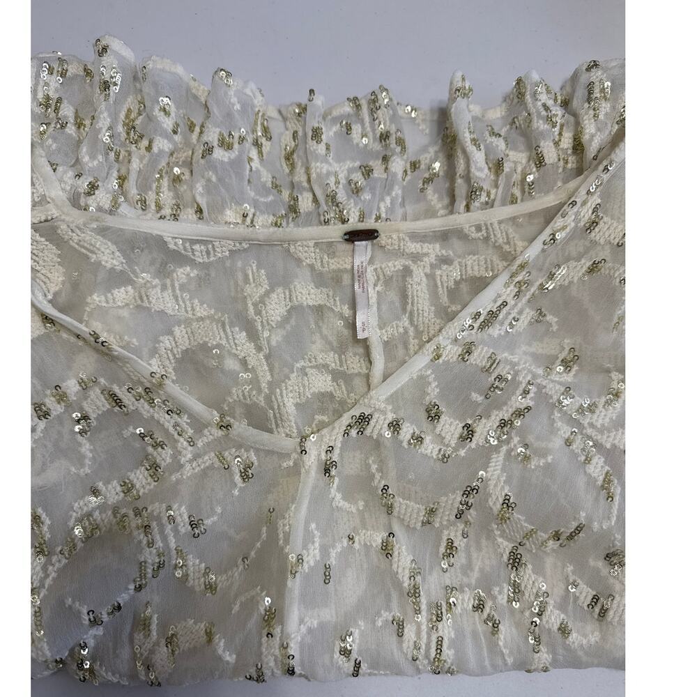 Free People Smile Away Sheer Top Ivory/Gold/Sequins Ruffle Trim Embroidery Small - Picture 7 of 11